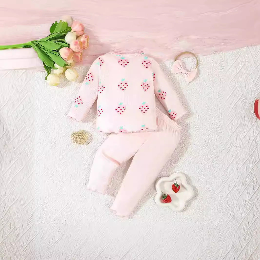 3-Piece Baby Outfit Set – Printed Top, Pants & Hat for Infants