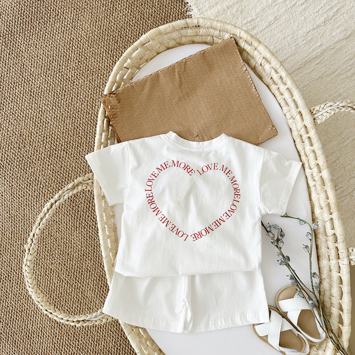 Baby Two-Piece Outfit – Heart Print Short Sleeve Top & Shorts Set