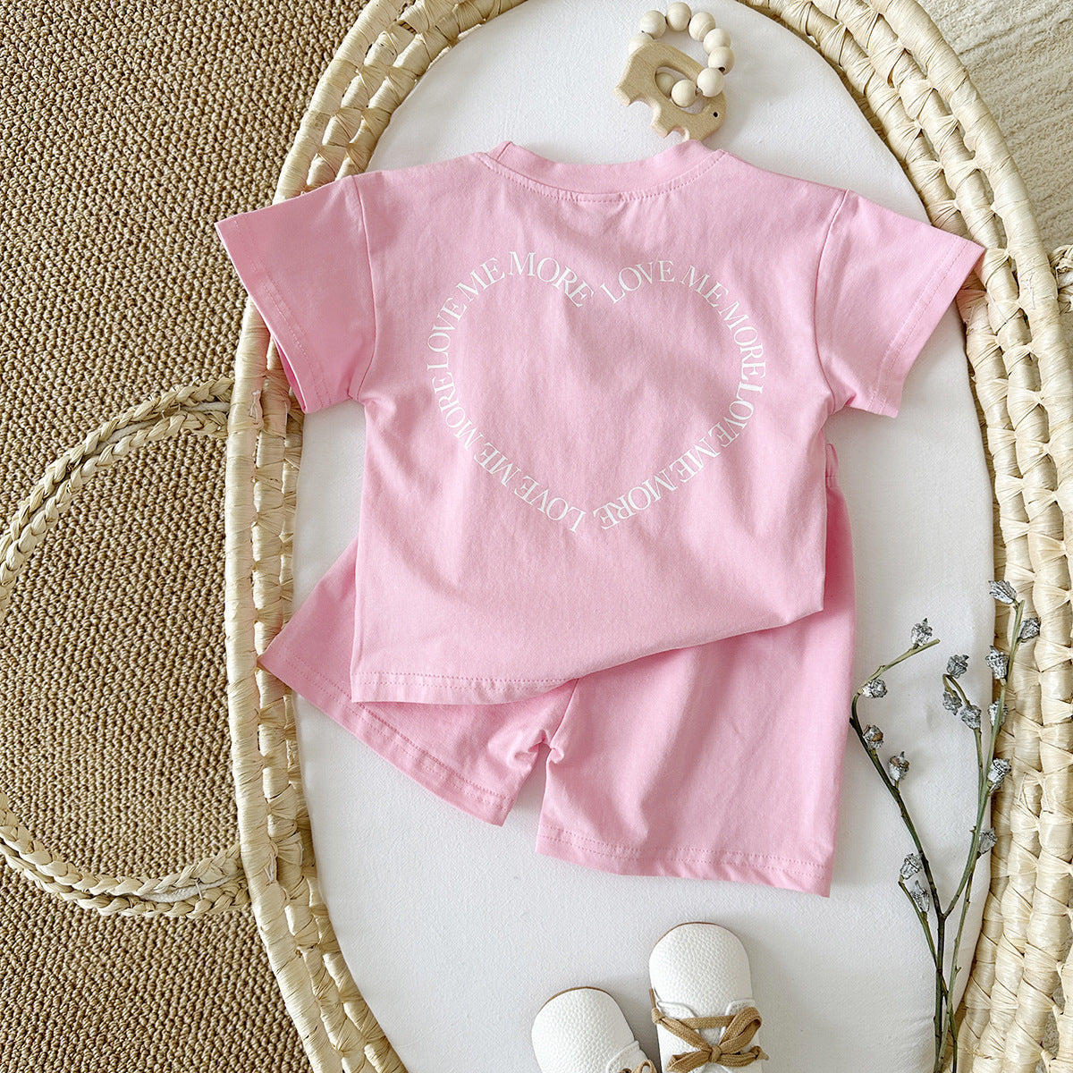 Baby Two-Piece Outfit – Heart Print Short Sleeve Top & Shorts Set