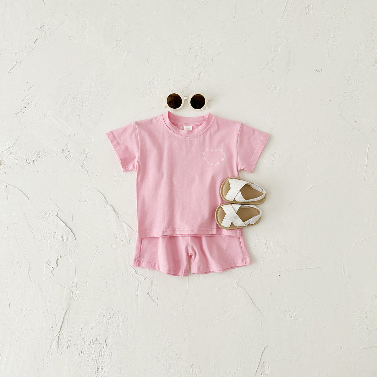 Baby Two-Piece Outfit – Heart Print Short Sleeve Top & Shorts Set