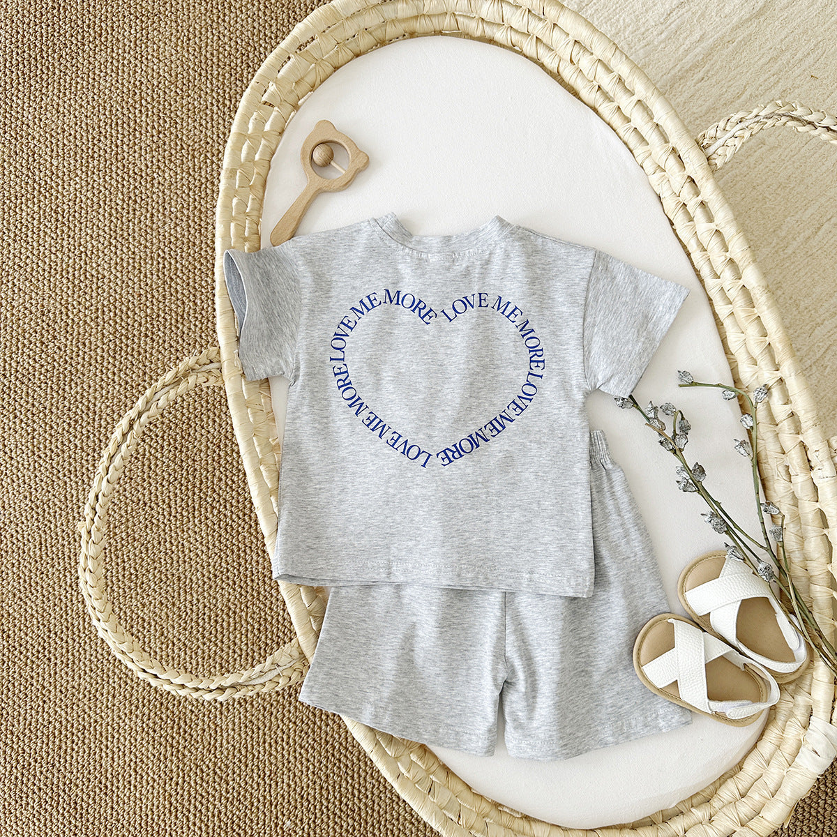 Baby Two-Piece Outfit – Heart Print Short Sleeve Top & Shorts Set