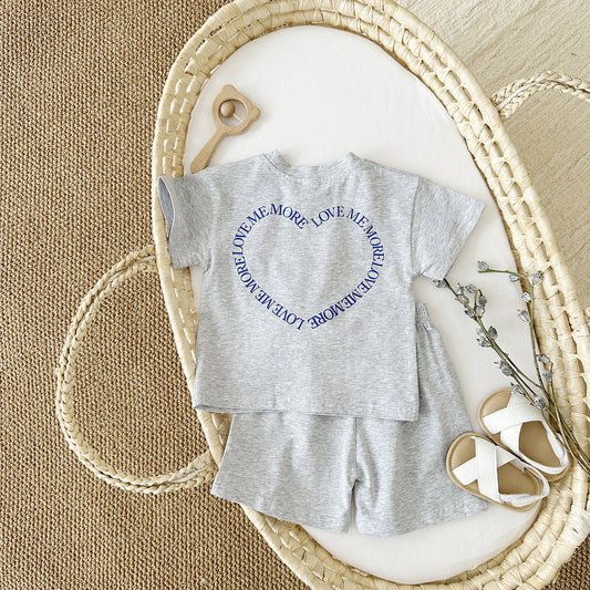 Baby Two-Piece Outfit – Heart Print Short Sleeve Top & Shorts Set